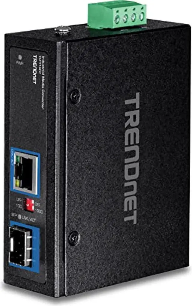 Main image of TRENDnet Hardened Industrial 100/1000 Base-T to SFP Media Converter, DIN-Rail/Wall Mount, Multi or Single Mode Fiber, Power Supply Sold Separately, TI-F11SFP , Black , Gigabit (TI-F11SFP)