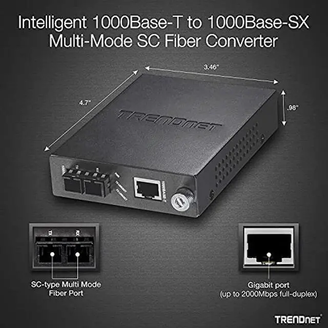 Alt view image 3 of 5 - TRENDnet Intelligent 1000Base-T to 1000Base-SX Multi-Mode SC Fiber Media Converter, Up to 550M (1800 ft), Fiber to Ethernet Converter, 2Gbps Switching Capacity, Lifetime Protection, Blac (TFC-1000MSC)