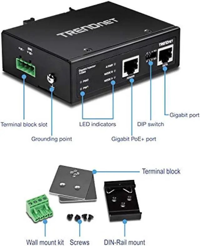 Main image of TRENDnet Hardened Industrial 60W Gigabit PoE+ Injector, DIN-Rail Mount, IP30 Rated Housing, Includes DIN-rail  and  Wall Mounts, TI-IG60,Black (TI-IG60)