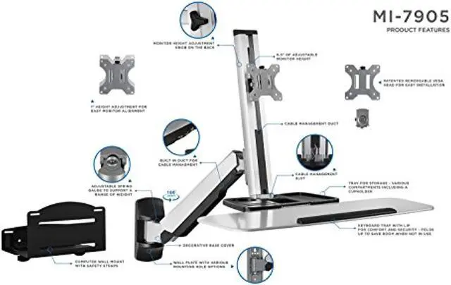 Alt view image 5 of 5 - Mount-It! Sit Stand Wall Mount Workstation | Adjustable Height Stand Up Computer Station With Articulating Monitor Mount, Keyboard Tray,  and  CPU Holder | VESA Mount 75x75 and 100x100 | MI- (MI-7905)
