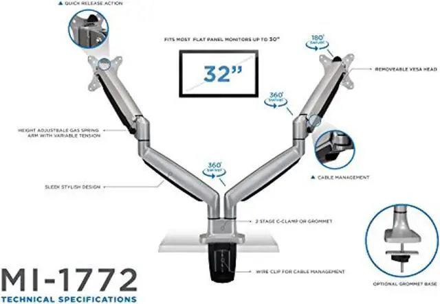 Alt view image 5 of 5 - Mount It Monitor Desk Mount,Computer Monitor Stand,Height Adjustable Arm Fits Up To 32 Inch Screens,VESA 75x75and100x100,20 Lb Capacity,Black (MI-1772)(Dual Monitor,Silver) (MI-1772)