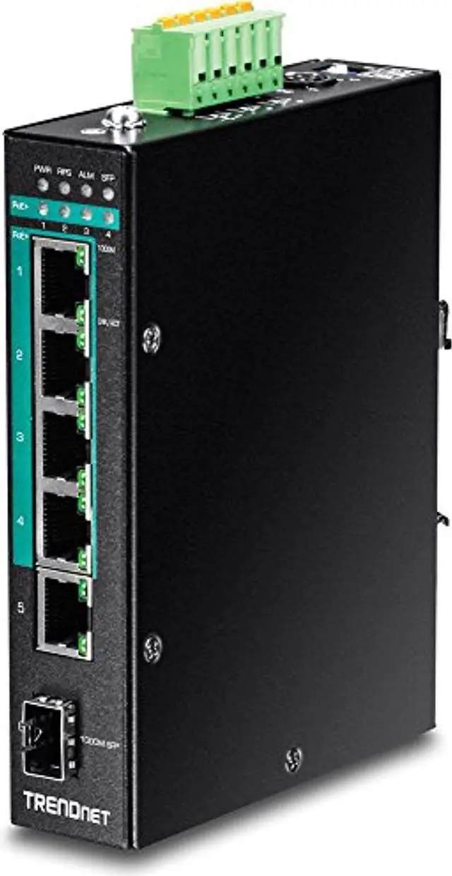 Main image of TRENDnet 5-Port Hardened Industrial Gigabit PoE+ DIN-Rail Switch, 120W Power Budget, 1 x SFP Slot, IP30 Rated, Unmanaged Switch, Gigabit PoE+ Network Switch, Lifetime Protection, Black, TI- (TI-PG541)