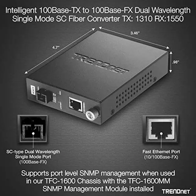 Alt view image 3 of 5 - TRENDnet Intelligent 100Base-TX to 100Base-FX Dual Wavelength Single Mode SC Fiber Media Converter (40 km / 24.9 Miles), RJ-45 Port, Fiber to Ethernet Converter, Lifetime Protection, T (TFC-110S40D3I)