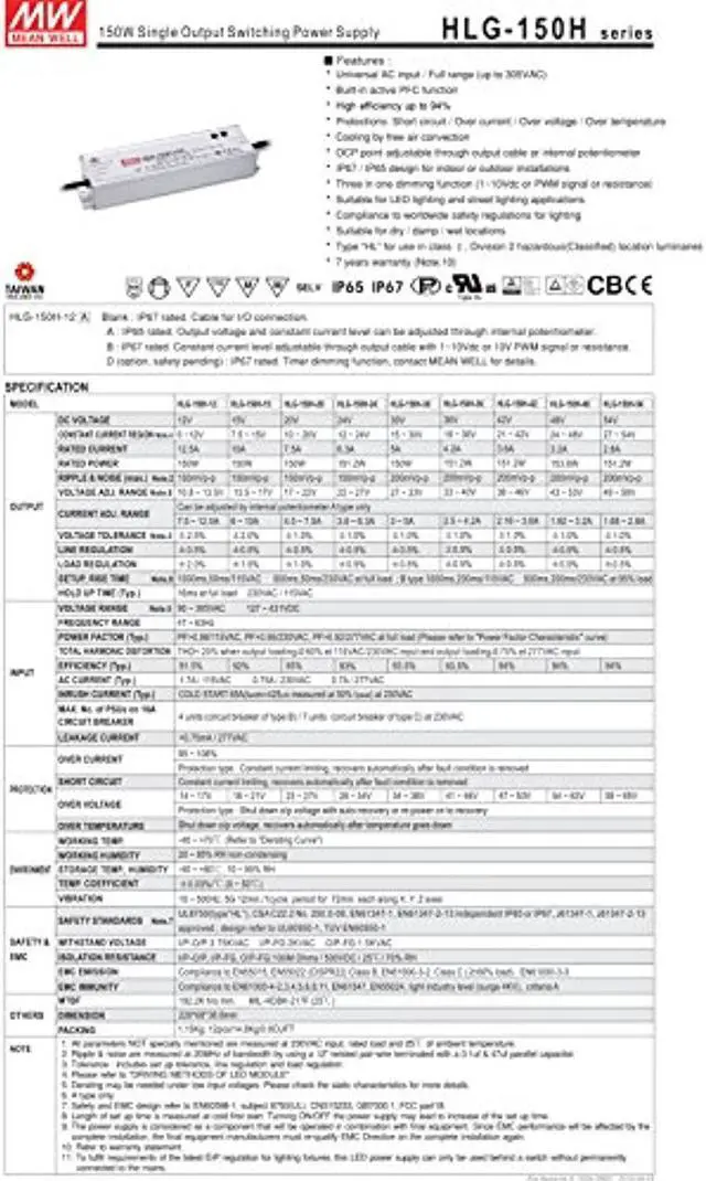 Alt view image 2 of 5 - LED Driver Single Output Switching Power Supply, 150 Watt 30V @ 5A A Model, 150W (HLG-150H-30A)