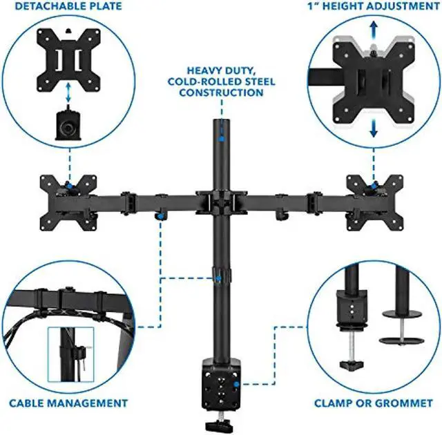 Alt view image 5 of 5 - Mount-It! Dual Monitor Mount | Double Monitor Desk Stand | Two Heavy Duty Full Motion Adjustable Arms Fit 2 Computer Screens 17 19 20 21 22 24 27 Inch | VESA 75 100 | C-Clamp and Grommet Bas (MI-2752)