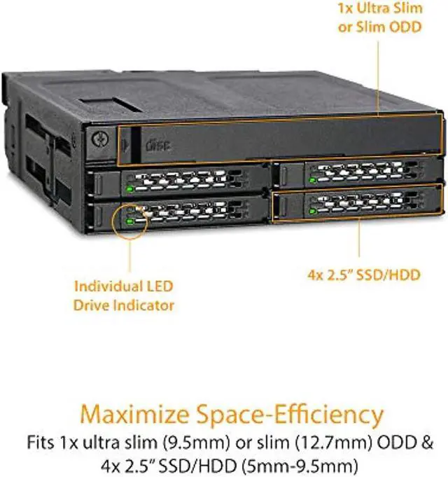Alt view image 3 of 5 - ICY DOCK 4 x 2.5 SAS  and  SATA SSD/HDD  and  (Ultra) Slim Optical Disk Drive CD DVD ROM Backplane Cage | ToughArmor MB604SPO-B (MB604SPO-B)