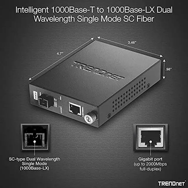 Alt view image 2 of 5 - TRENDnet Intelligent Fiber Media Converter 1000Base-T to 1000Base-LX Dual Wavelength Single Mode SC Fiber (40 km / 24.85 Miles), Fiber to Ethernet Converter, RJ-45, Lifetime Protection (TFC-1000S40D5)