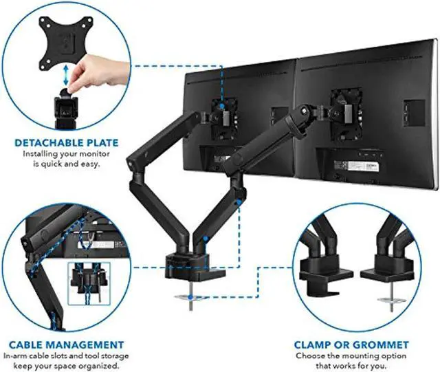 Alt view image 3 of 5 - Mount-It! Dual Monitor Arm Mount Desk Stand | Premium Quality | Articulating Mechanical Spring Height Adjustable | Fits Two 24 27 29 30 32 Inch VESA 75 100 Compatible Screens | C-Clamp and G (MI-2672)