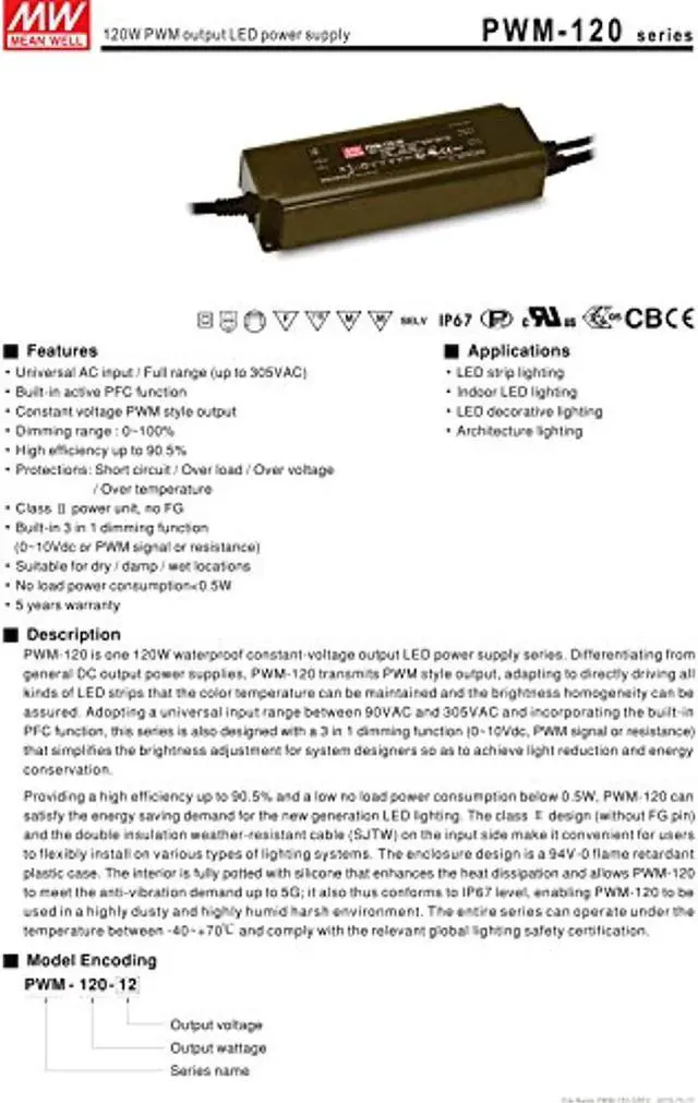 Alt view image 2 of 5 - [PowerNex] Mean Well PWM-120-24 24V 5A 120W PWM output LED power supply with PFC (PWM-120-24)