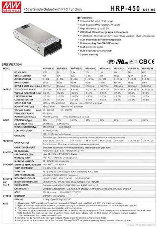 Main image of Mean Well HRP-450-24 Power Supply, Switching, PFC Enclosed, 451.2 Watt, 24 VDC, 18.8 A, 8.9" L x 4.1" W x 1.6" H, Silver (HRP-450-24)