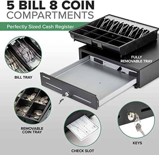 Cash Register Drawer with Under Counter Mounting Bracket - 13 Black Cash  Drawer for POS, Stainless Steel Front, 4 Bill 5 Coin, Fully Removable 2  Tier Cash Tray, 24V RJ11/RJ12 Key-Lock, 2