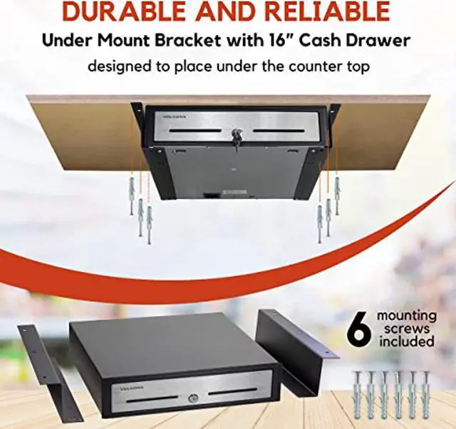 Alt view image 4 of 5 - Cash Register Drawer with Under Counter Mounting Metal Bracket- 16? Black/Stainless Steel Front Cash Drawer for POS, Fully Removable 2 Tier Cash Tray 5 Bill 8 Coin Compartment 24V RJ11/RJ1 (FAF500053)