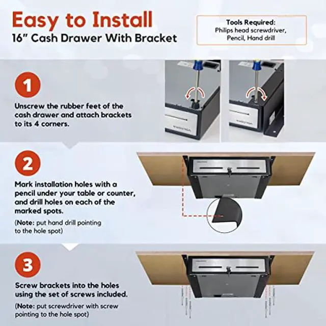 Alt view image 5 of 5 - Cash Register Drawer with Under Counter Mounting Metal Bracket- 16? Black/Stainless Steel Front Cash Drawer for POS, Fully Removable 2 Tier Cash Tray 5 Bill 8 Coin Compartment 24V RJ11/RJ1 (FAF500053)