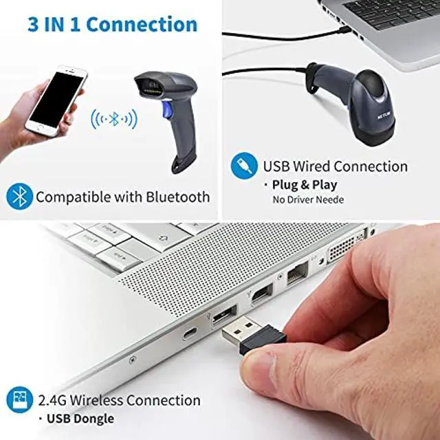 Alt view image 3 of 4 - NETUM Wireless 2D QR Barcode Scanner with Stand, 3 in 1 Bluetooth  and  2.4GHz Wireless  and  USB Wired Automatic Bar Code Imager Reader Handhold Scanner Gun Compatible for Laptops, Computers, Cashier