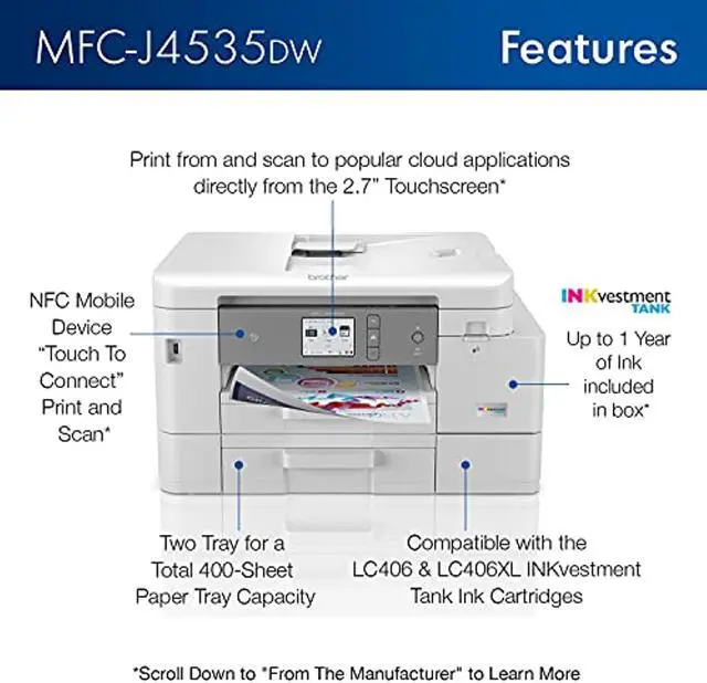 Alt view image 3 of 6 - Brother MFC-J4535DW INKvestment Tank All-in-One Color Inkjet Printer with NFC, Duplex and Wireless Printing Plus Up to 1-Year of Ink in-Box (MFCJ4535DW)