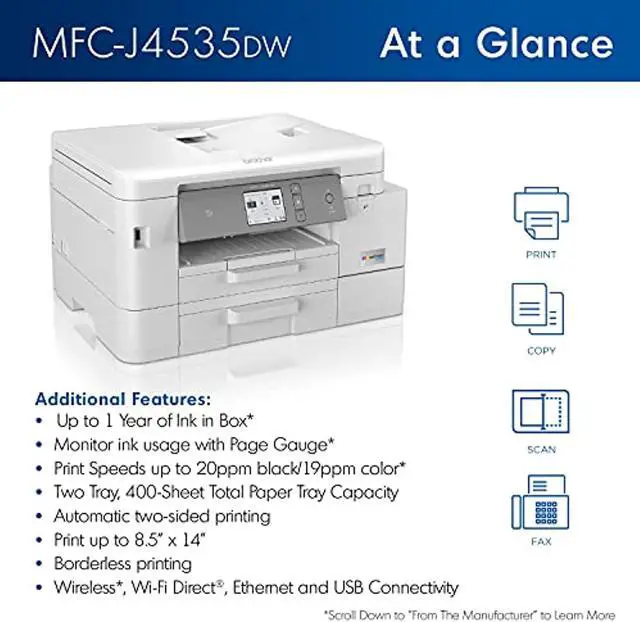 Alt view image 2 of 6 - Brother MFC-J4535DW INKvestment Tank All-in-One Color Inkjet Printer with NFC, Duplex and Wireless Printing Plus Up to 1-Year of Ink in-Box (MFCJ4535DW)