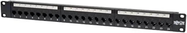 Main image of Tripp Lite 24-Port Cat6 / Cat5 Ethernet Patch Panel, Feedthrough Patch (RJ45 to RJ45), 1U Rackmount, Cable Management Bar, (N254-024) (N254-024)