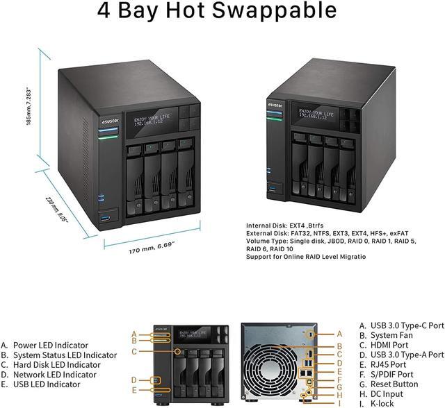 Alt view image 4 of 5 - Asustor AS6404T 4 Bay NAS + Free exFAT License, 1.5GHz Quad-Core, 8GB RAM, Network Attached Storage, Home or Business Data Media Server (Diskless)