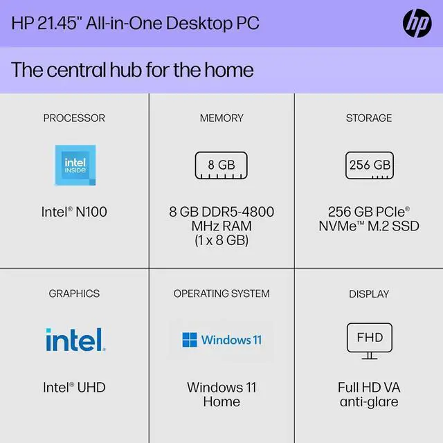 Alt view image 2 of 5 - HP 22 inch All-in-One Desktop PC, FHD Display, Intel N100, 8 GB RAM, 256 GB SSD, Intel UHD Graphics, Windows 11 Home, 22-dg0020 (2024) (9D083AA#ABA)
