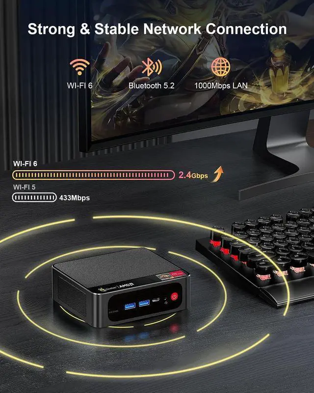 Alt view image 5 of 5 - Beelink Mini PC, AMD Ryzen 7 5700U (up to 4.3GHz), 16GB DDR4 RAM 500GB PCIe3.0 SSD, SER5 Pro Mini Desktop Computer Support 4K@60Hz Triple Display/WiFi 6/BT5.2/USB3.2/Gaming/Office/Home