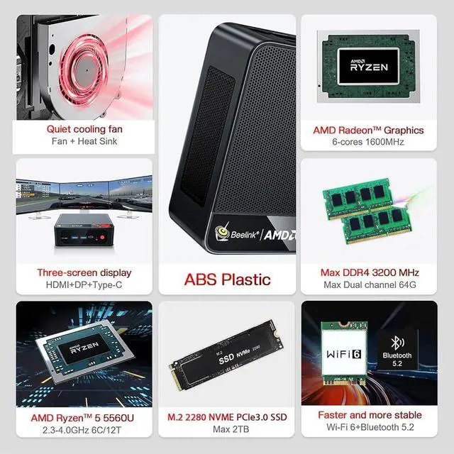 Alt view image 2 of 7 - Beelink SER5 Mini PC,AMD Ryzen 7 5700U(8C/16T,up to 4.3 GHz),Mini Computer 16GB DDR4 RAM 500GB M.2 SSD Graphics 8 core 1900 MHz Wifi6/BT5.2/HDMI+DP+Type-C,Support Three-Screen Display