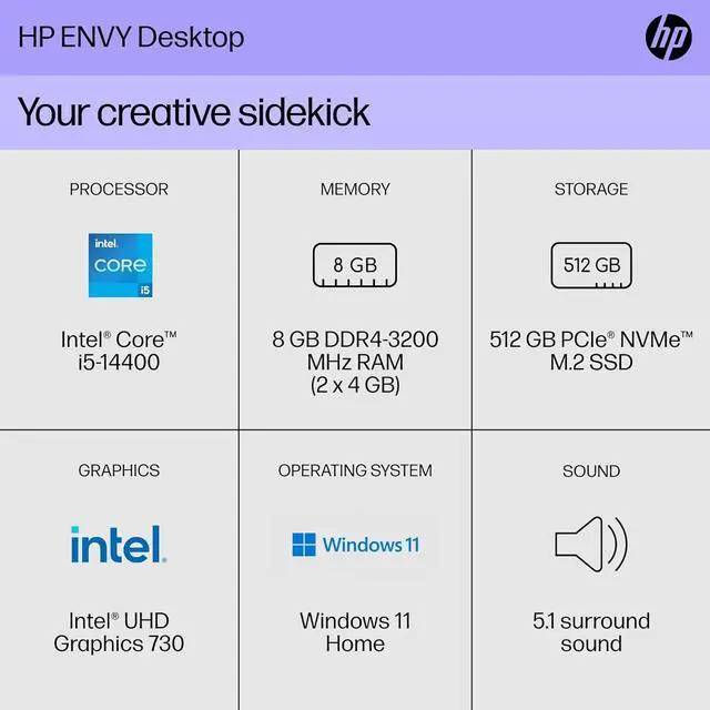 Alt view image 2 of 5 - HP Envy Desktop PC, Intel Core i5-14400, 8 GB RAM, 512 GB SSD, Intel UHD Graphics 730, Windows 11 Home, TE01-5012 (2024) (A07RQAA#ABA)