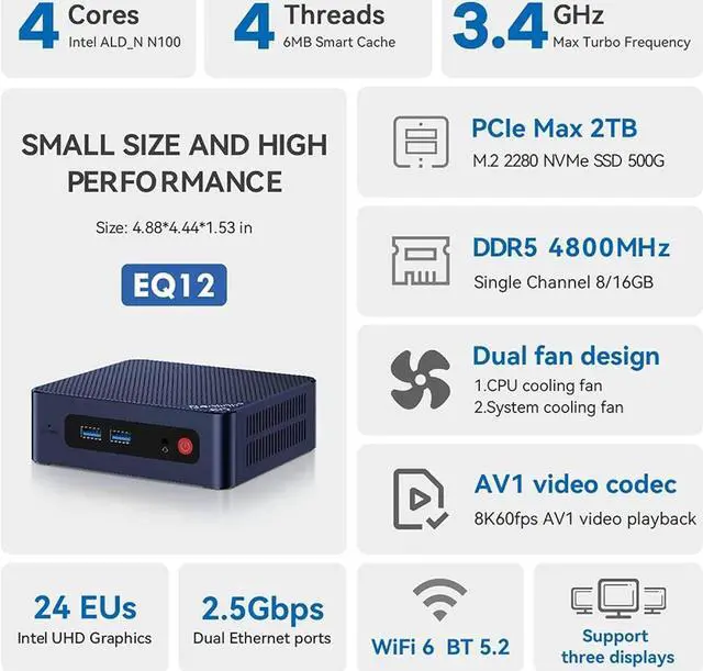 Alt view image 3 of 5 - Beelink Mini S12 Mini PC, Newest Intel 12th N100(Up to 3.4GHz) 4C/4T, Mini Computer 16GB DDR4 RAM 500GB SSD, Mini Computer Dual HDMI 4K UHD BT5.2/WiF6/Gigabit Ethernet/Family-NAS/HTPC/W11 Pro