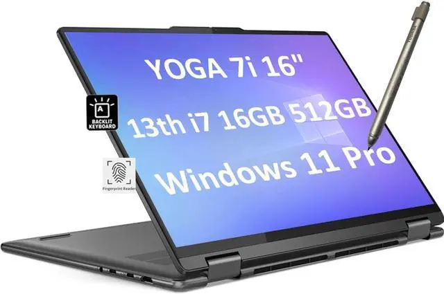 Main image of Lenovo Yoga 7 7i 2-in-1 Business Laptop (16" FHD+ Touchscreen, Intel 10-Core i7-1355U, 16GB LPDDR5 RAM, 512GB SSD, Active Stylus), Long Battery Life, Backlit, FP, 1080p Webcam, Win 11 Pro, Storm Grey