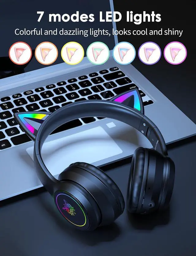Alt view image 2 of 5 - ONITOON Cat Ear Bluetooth Headphones with Micphone for Kids  and  Adults, LED Light Up Wireless HI-FI Sound Quality, Over-Ear Headphones with Volume Control for iPhone/iPad/Laptop/PC(55H Play Time)