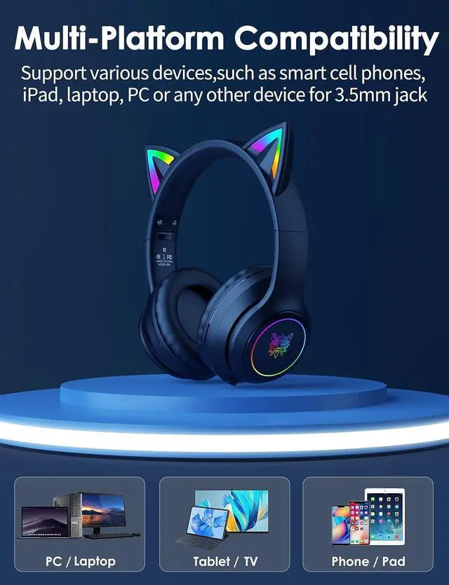 Alt view image 5 of 5 - ONITOON Cat Ear Bluetooth Headphones with Micphone for Kids  and  Adults, LED Light Up Wireless HI-FI Sound Quality, Over-Ear Headphones with Volume Control for iPhone/iPad/Laptop/PC(55H Play Time)