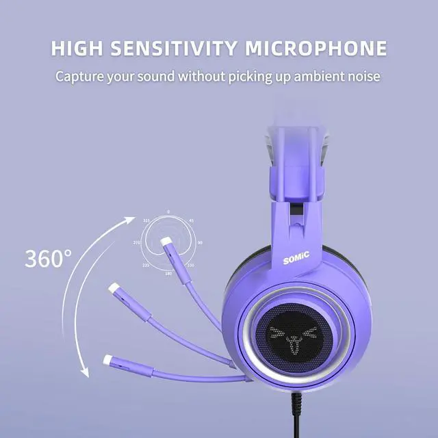 Alt view image 3 of 5 - SOMIC G951S Purple Stereo Gaming Headset with Mic for PS4, PS5, Xbox One, PC, Phone, Detachable Cat Ear 3.5MM Noise Reduction Headphones Computer Gaming Headphone Self-Adjusting Gamer H (G951S-Purple)