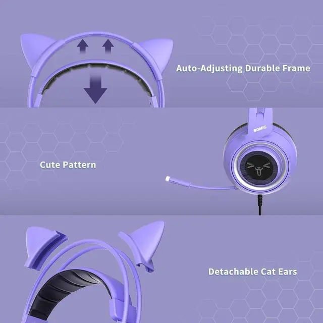 Alt view image 5 of 5 - SOMIC G951S Purple Stereo Gaming Headset with Mic for PS4, PS5, Xbox One, PC, Phone, Detachable Cat Ear 3.5MM Noise Reduction Headphones Computer Gaming Headphone Self-Adjusting Gamer H (G951S-Purple)