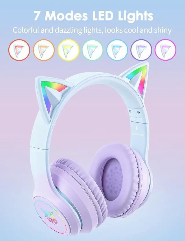 Alt view image 2 of 5 - ONITOON Cat Ear Bluetooth Headphones with Micphone for Kids  and  Adults, LED Light Up Wireless HI-FI Sound Quality, Over-Ear Headphones with Volume Control for iPhone/iPad/Laptop/PC(55H Pla (FRKIDD3)