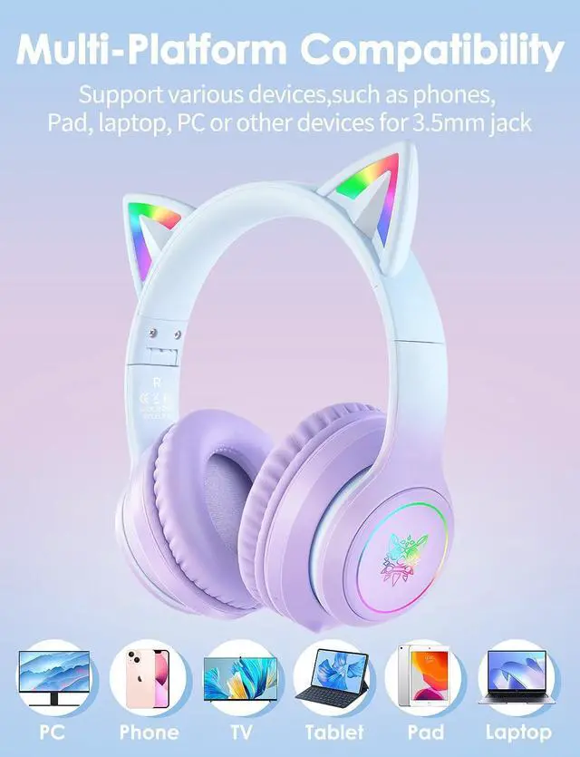 Alt view image 4 of 5 - ONITOON Cat Ear Bluetooth Headphones with Micphone for Kids  and  Adults, LED Light Up Wireless HI-FI Sound Quality, Over-Ear Headphones with Volume Control for iPhone/iPad/Laptop/PC(55H Pla (FRKIDD3)