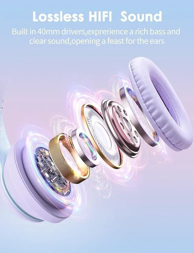 Alt view image 3 of 5 - ONITOON Cat Ear Bluetooth Headphones with Micphone for Kids  and  Adults, LED Light Up Wireless HI-FI Sound Quality, Over-Ear Headphones with Volume Control for iPhone/iPad/Laptop/PC(55H Pla (FRKIDD3)