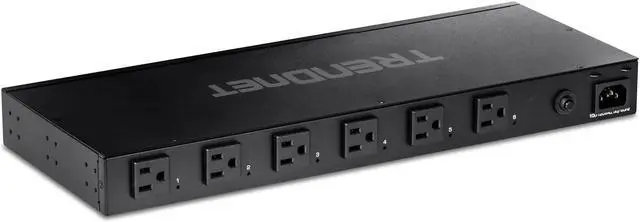 Main image of TRENDnet 6-Outlet Managed PDU, Rackmount Power Distribution Unit, 1 x NEMA 5-15R Bypass Power Outlet, 1 x Gigabit RJ-45 Port, Overload Protection, Surge Protection 2160J, Black, TPI-06 (TPI-06)