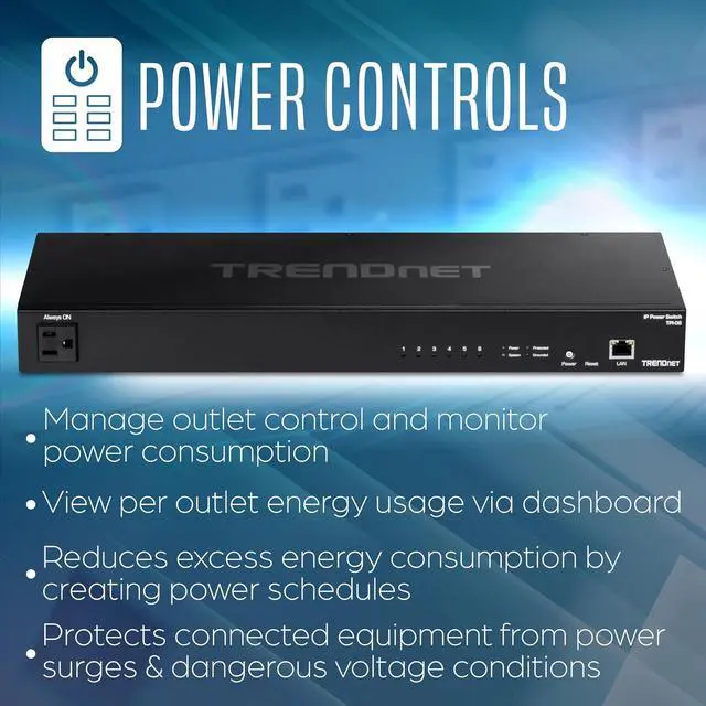 Alt view image 4 of 5 - TRENDnet 6-Outlet Managed PDU, Rackmount Power Distribution Unit, 1 x NEMA 5-15R Bypass Power Outlet, 1 x Gigabit RJ-45 Port, Overload Protection, Surge Protection 2160J, Black, TPI-06 (TPI-06)