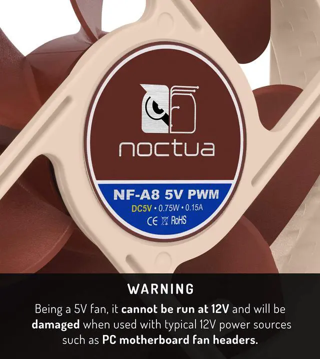 Alt view image 2 of 8 - Noctua NF-A8 5V PWM, Premium Quiet Fan with USB Power Adaptor Cable, 4-Pin, 5V Version (80mm, Brown)