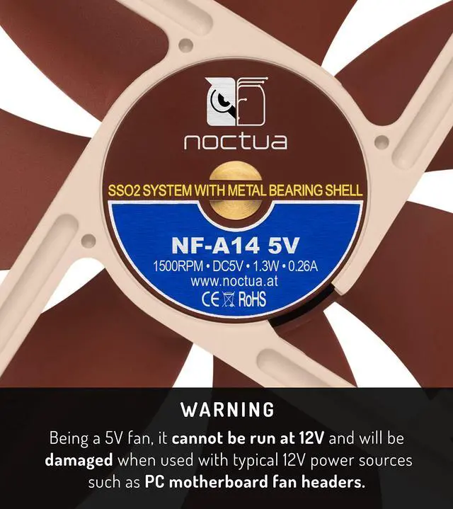 Alt view image 2 of 6 - Noctua NF-A14 5V, Premium Quiet Fan with USB Power Adaptor Cable, 3-Pin, 5V Version (140mm, Brown)