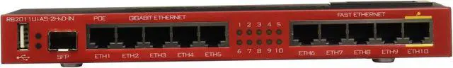 Alt view image 4 of 5 - Mikrotik RB2011UiAS-2HnD-IN 2.4GHz AP 10-port wireless Router (5x Ethernet, 5x Gigabit Ethernet), SFP cage, USB, LCD, PoE output on Eth10, 600MHz CPU, 128MB RAM