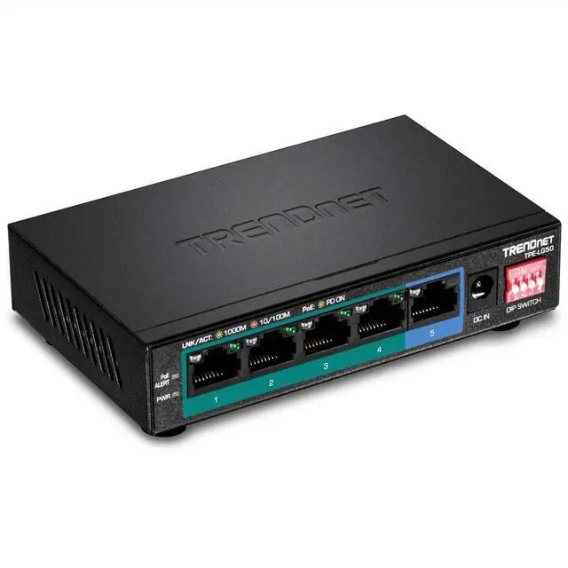 Main image of TRENDnet 5-Port Gigabit Long Range PoE+ Switch, 4 x Gigabit PoE+ Ports, 1 x Gigabit Port, 32W PoE Budget, 10Gbps Switching Capacity, Extends PoE+ 200m (656 ft), Lifetime Protection, Black, TPE-LG50