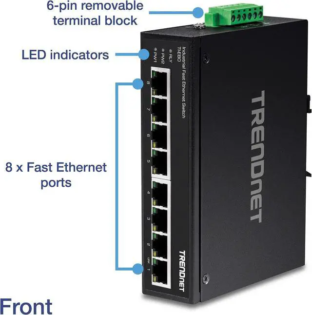 Alt view image 2 of 9 - TRENDnet 8-Port Industrial Unmanaged Fast Ethernet DIN-Rail Switch; TI-E80 8 x Fast Ethernet Ports; 1.6Gbps Switching Capacity;8 Port Network Fast Ethernet Switch;IP30 Metal Switch;Lifetime Protection