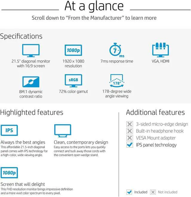 Alt view image 12 of 20 - HP Pavilion 22cwa 21.5" Full HD 1920 x 1080 D-Sub HDMI LED Backlight IPS Monitor