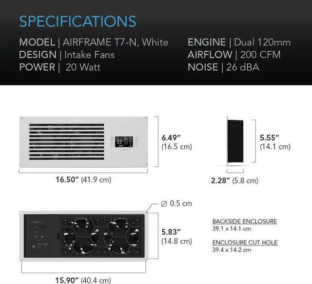 Alt view image 7 of 14 - AC Infinity AIRFRAME T7-N White, High-Airflow Cooling Fan System 16", Intake Airflow, for AV Equipment Rooms, Closets, and Enclosures