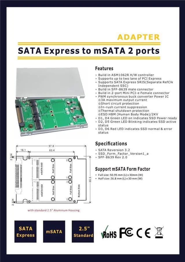 Alt view image 3 of 4 - 2.5 Inch SATA Express to mSATA SSD RAID Card