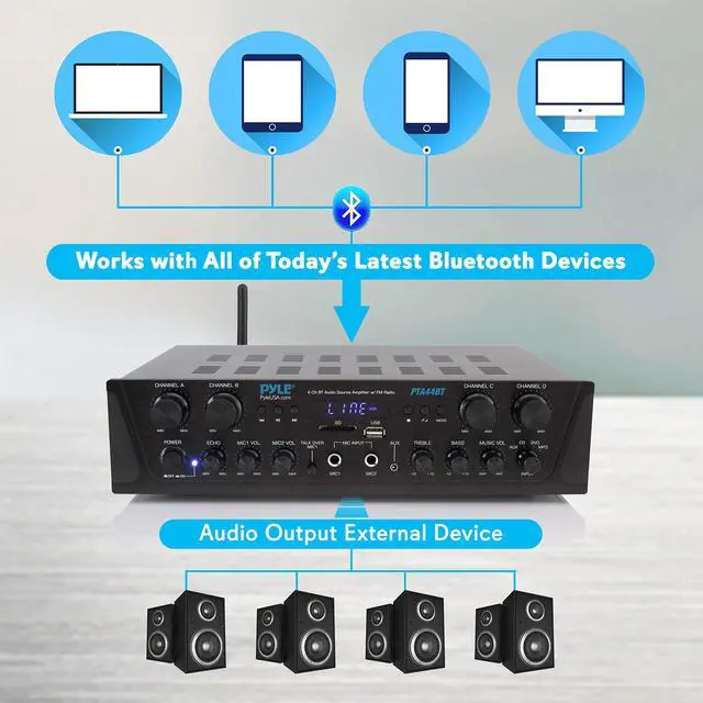 Alt view image 4 of 14 - 500W Karaoke Wireless Bluetooth Amplifier - 4 Channel Stereo Audio Home Theater Speaker Sound Power Receiver w/ AUX IN, FM, RCA Subwoofer Speakers OUT, USB, Microphone IN w/ Echo - Pyle PTA44BT