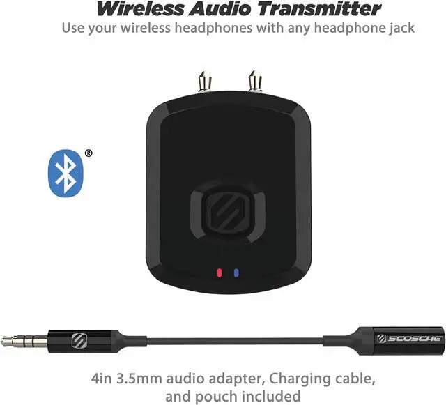 Alt view image 6 of 7 - SCOSCHE BTTWT-SP FlyTunes Universal Portable Bluetooth 4.1 Wireless Audio Transmitter for Use with AirPods, Earbuds/Headphones, TV’s and More - White