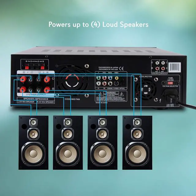 Alt view image 4 of 14 - 4-Channel Wireless Bluetooth Power Amplifier - 1000W Stereo Speaker Home Audio Receiver w/FM Radio, USB, Headphone, 2 Microphone w/Echo, Front Loading CD DVD Player, LED, Rack Mount - Pyle PD1000BA