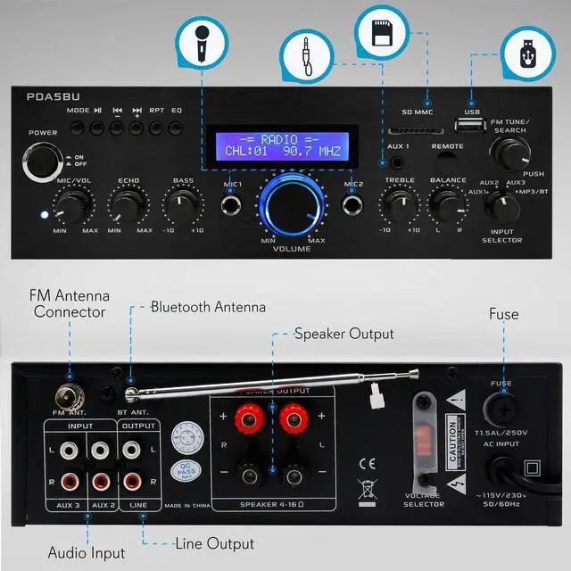 Alt view image 2 of 7 - Pyle  200W Audio Stereo Receiver - Wireless Bluetooth Home Power Amplifier Home Entertainment System w/ AUX IN, USB Port, DVD CD Player, AM FM Radio, 2 Karaoke Microphone Input, Remote - PDA5BU.0