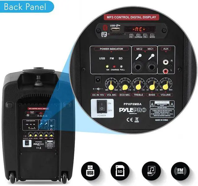 Alt view image 3 of 7 - Wireless Portable PA Speaker System - 360W Bluetooth Compatible Battery Powered Rechargeable Outdoor DJ Sound Speaker Microphone Set with MP3 USB SD FM Radio RCA 1/4" Mic in Wheels - Pyle PPHP8MBA